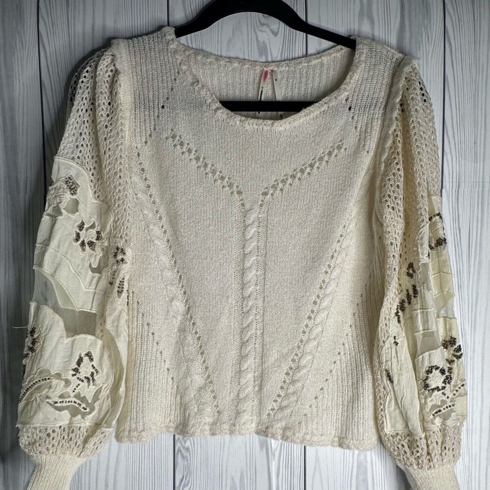 Anthropologie Eyelet Beaded Sweater Top Romantic Coquette XS